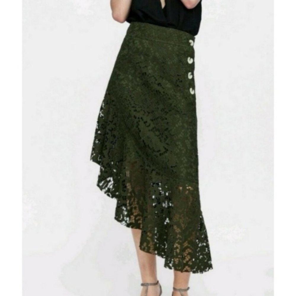 Zara Olive Green Embroidered Midi Skirt NWT - Picture 10 of 13
